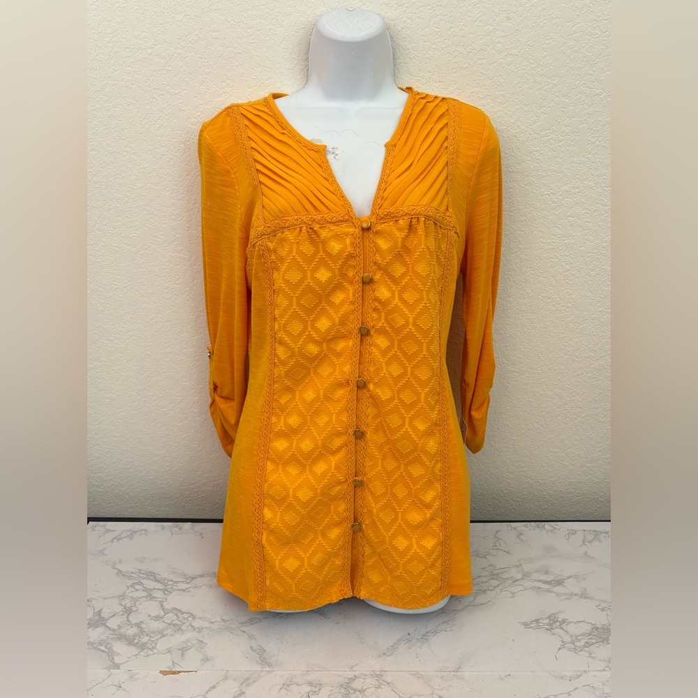 NY Collection Long Sleeve Button Down Blouse Size S Yellow Bell Shirt NWT​